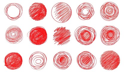 set of red hand drawn doodle circle on white background, vector illustration, flat design, simple line art, crisp lines, 2d drawing