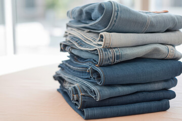 Neatly folded stack of various blue jeans in different denim shades on a neutral surface in natural daylight