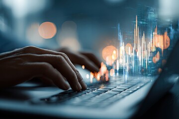 Trader analyzing stock market data on a laptop with a futuristic graph overlay.