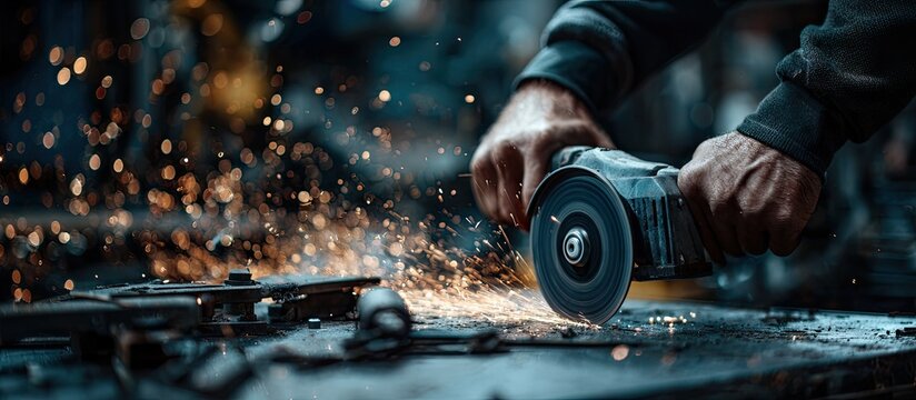 Worker using an angle grinder on metal creating a shower of bright sparks in a workshop. - Powered by Adobe