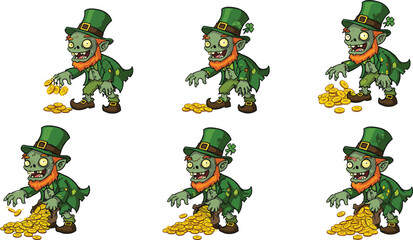 Zombie leprechauns with gold coins in funny poses, humorous horror vector set for St. Patrick’s Day, folklore, and festive themes