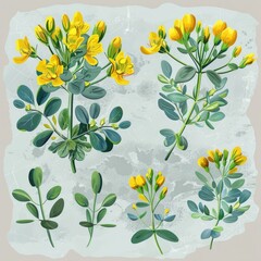 Set of rue elements, displaying its bright yellow flowers, bluish-green leaves with a strong, pungent aroma, used historically in folk medicine