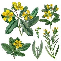 Set of rue elements, displaying its bright yellow flowers, bluish-green leaves with a strong, pungent aroma, used historically in folk medicine