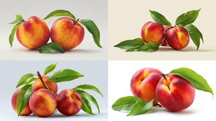 Four still-life depictions of nectarines with vibrant colors and green leaf adornments