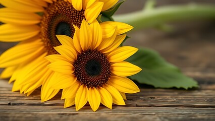 Fototapeta premium Close-up of a sunflower on a wooden surface with even lighting and shallow depth.