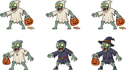 Cartoon zombie kids in Halloween costumes holding pumpkin candy buckets, spooky cute vector set for trick-or-treat and festive themes