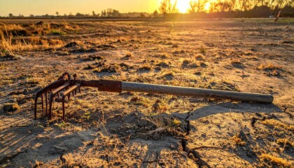 Rusty Garden Fork in Golden Hour Light on Dry Earth Landscape