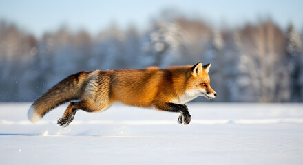 Fototapeta premium Dynamic red fox leaping across snow-covered field in stunning winter landscape scenery
