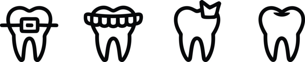 A Collection of Dental Health Icons Showcasing Orthodontics Restorative Dentistry and General Oral Care Depicting Teeth with Braces Crown Fillings