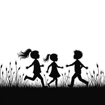 Black silhouettes of three children running through tall grass