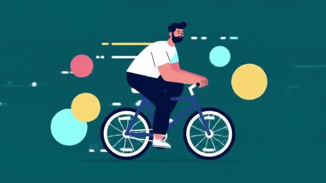 Stylized Animation of a Bearded Man Cycling Vigorously.