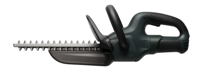 Electric hedge trimmer with a built-in debris collector for efficient cleanup in commercial landscaping projects.