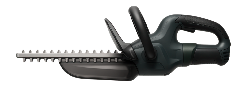 Electric hedge trimmer with a built-in debris collector for efficient cleanup in commercial landscaping projects.