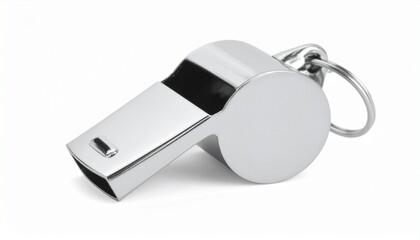 A metallic whistle rests in silence—reflective, cylindrical, looped for grip. A metaphor for latent authority and the choreography of sharp intervention.