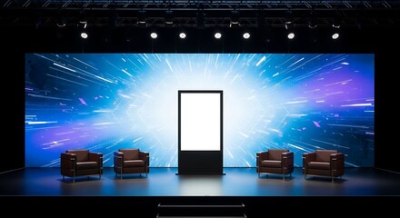 Empty stage with digital screen displaying abstract light patterns ready for a presentation in a modern conference hall, creating an atmosphere of anticipation.