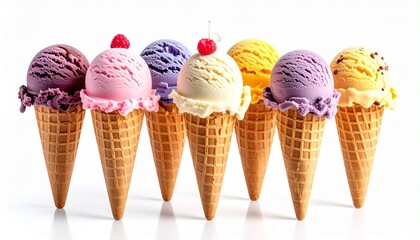 Seven upright ice cream cones with textured scoops&mdash;purple, pink, white, yellow, orange&mdash;topped with cherries and sprinkles, evoke crafted delight, symbolic indulgence, and the rhythm of sweet variety.