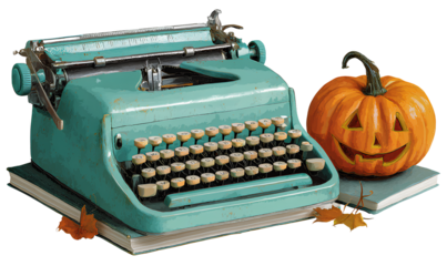 teal typewriter and jack-o'-lantern on a transparent background