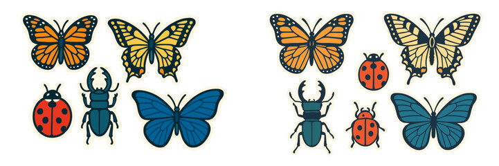 Vibrant collection of colorful butterflies, red ladybugs, and blue stag beetles in a diverse group with a clean modern aesthetic