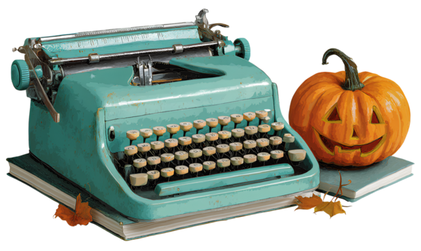 teal typewriter and jack-o'-lantern on a transparent background