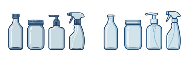 Collection of empty transparent bottles, jars, pump dispensers, and sprayers for various liquids and products