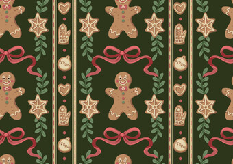 Christmas gingerbread gingerman bow seamless pattern with cookies stars hearts mittens holiday decoration