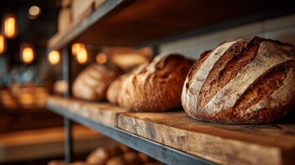 Creative medium shot of artisanal bakery design emphasizing textured bread crusts on handcrafted shelves with an outoffocus inviting atmosphere around.