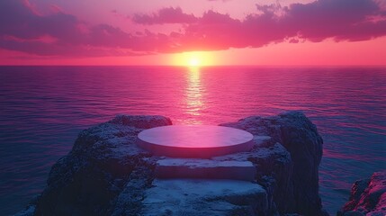 A circular podium on a rocky cliff overlooking a vibrant pink and purple sunset over the ocean