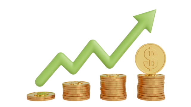 Green upward trending arrow graph with stacks of gold coins symbolizing financial growth and investment success isolated on transparent background