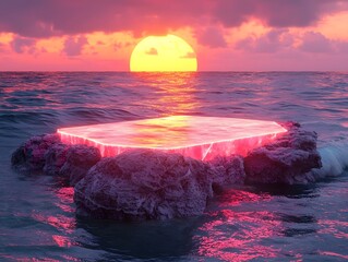 A glowing crystal podium floats on rocks in the ocean during a vibrant neon sunset