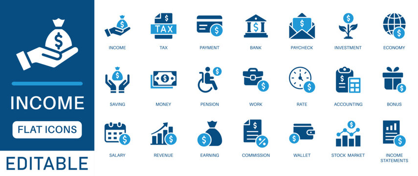 Income icon set. featuring money, tax, earnings, payment, accounting, paycheck, work, pension and more. perfect flat  Vector icon collection.
