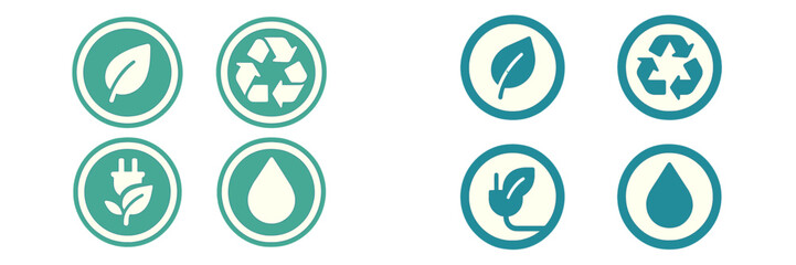Environmental sustainability icons featuring green energy, recycling, water conservation, and nature protection
