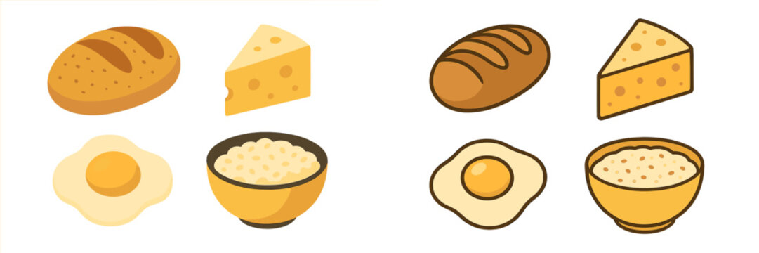 Stylized collection of common breakfast and staple food items including bread, cheese, fried egg, and rice in two distinct graphic styles