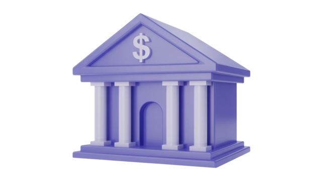 A stylized 3d rendering of a purple bank building with classical columns and a dollar sign on its roof isolated on transparent background
