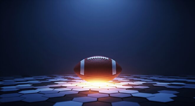American Football Ball on Futuristic Hexagonal Grid with Glowing Light and Blue Backdrop - Powered by Adobe
