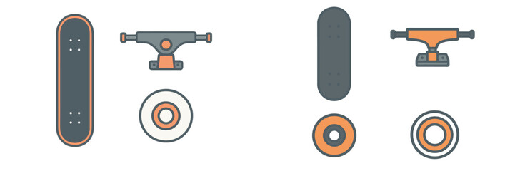 Skateboard parts and components laid out for assembly in a minimalistic design
