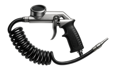 Portable tire inflator gun with a coiled air hose, designed for roadside emergency kits.
