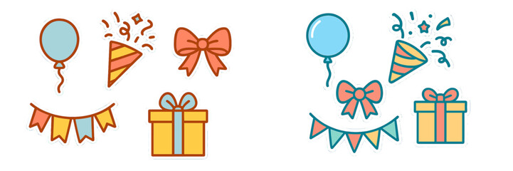 Colorful festive celebration elements including balloons, wrapped gift boxes, exploding party poppers, and decorative bows for events