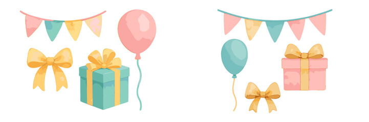Colorful watercolor style festive party elements with gift boxes, balloons, and decorative pennant banners for joyful celebrations