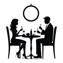 Couple dining at a table with wine and teapot silhouette