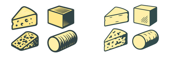 Variety of cheese types displayed in a simple, colorful design suitable for educational purposes