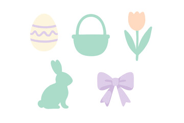 Spring celebration with pastel decorations featuring an Easter egg, basket, flower, bunny, and bow