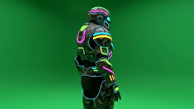 Futuristic, brightly-lit robot suit, featuring a vibrant camouflage pattern and glowing neon accents, presented against a solid green background.