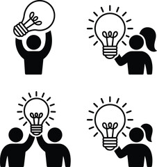 vBlack and white people icons holding light bulbs, creativity teamwork innovation concept, idea generation illustration, business collaboration and brainstorming design