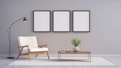 Blank poster mock up with black frame on the wall in living room interior