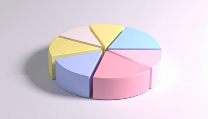 Obraz premium A 3D pie chart with seven pastel segments—pink, blue, yellow, white—floats slightly apart in circular formation, evoking crafted clarity, symbolic division, and the rhythm of visual data harmony.
