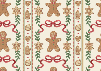 Christmas gingerbread gingerman bow seamless pattern with cookies stars hearts mittens holiday decoration