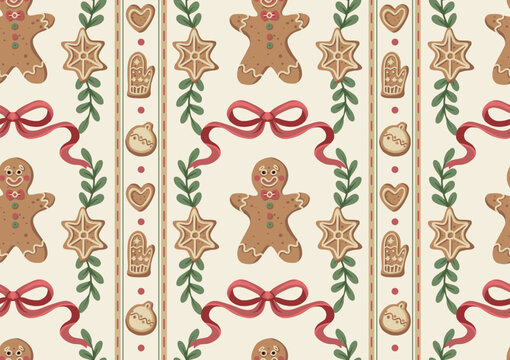 Christmas gingerbread gingerman bow seamless pattern with cookies stars hearts mittens holiday decoration