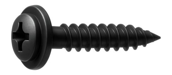 Black oxide self-tapping screw with a press washer for automotive interior panel installation.