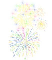 Multicolored festive fireworks. Celebrating the New Year with fireworks. Elements of glowing fireworks on a transparent background.