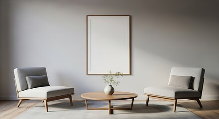 Modern living room showcases two armchairs and a blank picture frame on the wall, creating a minimalist and serene atmosphere.